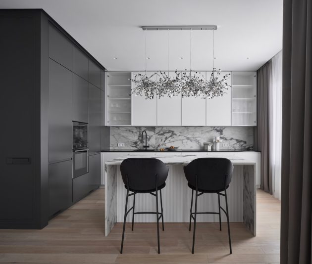 Contrasting Black & White Apartment in Neo-Classical Style by LINES bureau