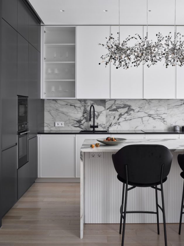 Contrasting Black & White Apartment in Neo-Classical Style by LINES bureau