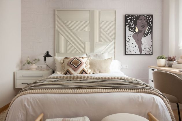A BEDROOM FOR A YOUNG WOMAN IN A BOHO CHIC STYLE WITH SOFT TONES