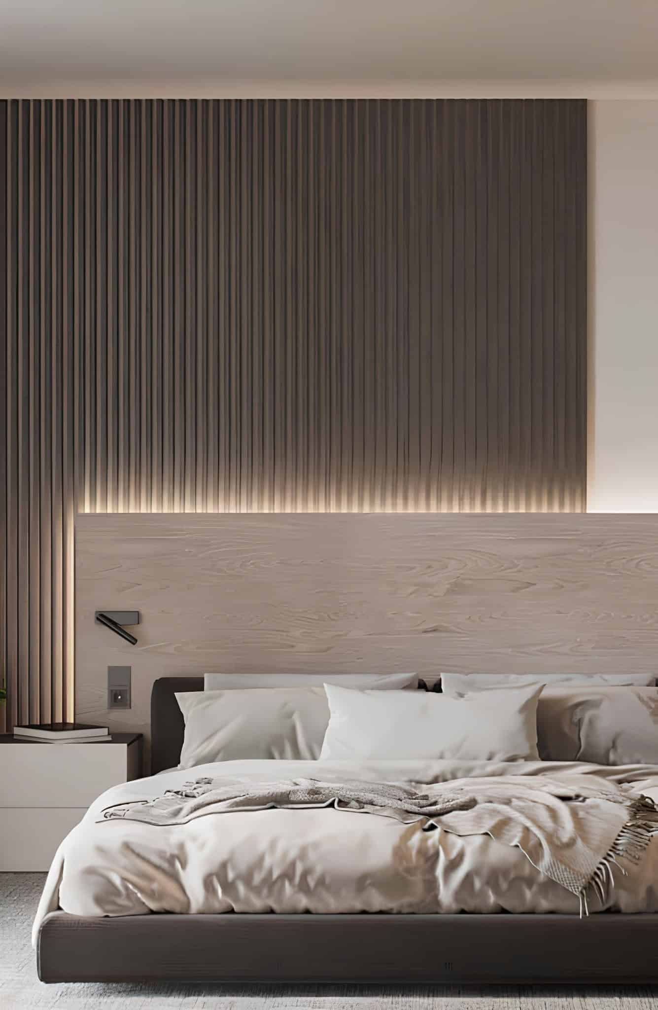 Contemporary Bedroom with Vertical Wooden Headboard Modern bedroom featuring a tall wooden headboard with soft LED backlighting and sleek design.