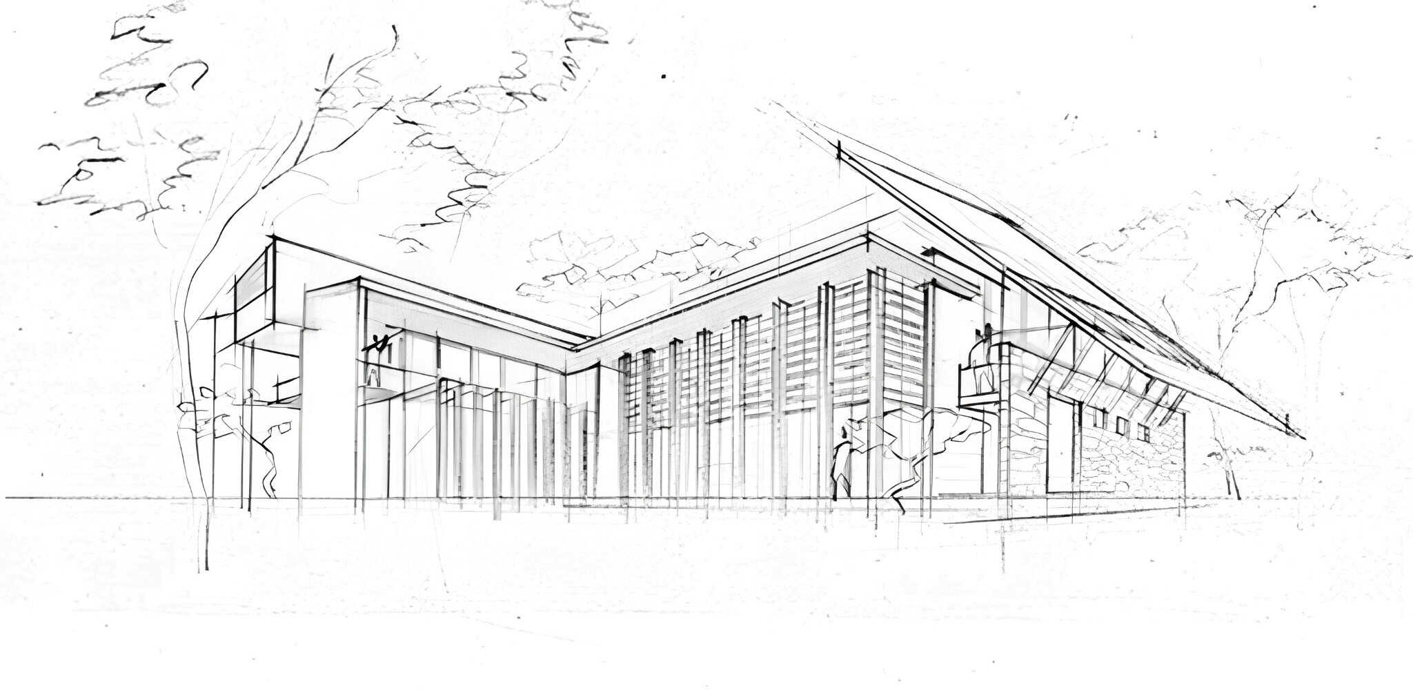 Jalan Merlimau Concept Sketch Exterior Architectural concept sketch of Jalan Merlimau residence with louvered shading and glass façade.