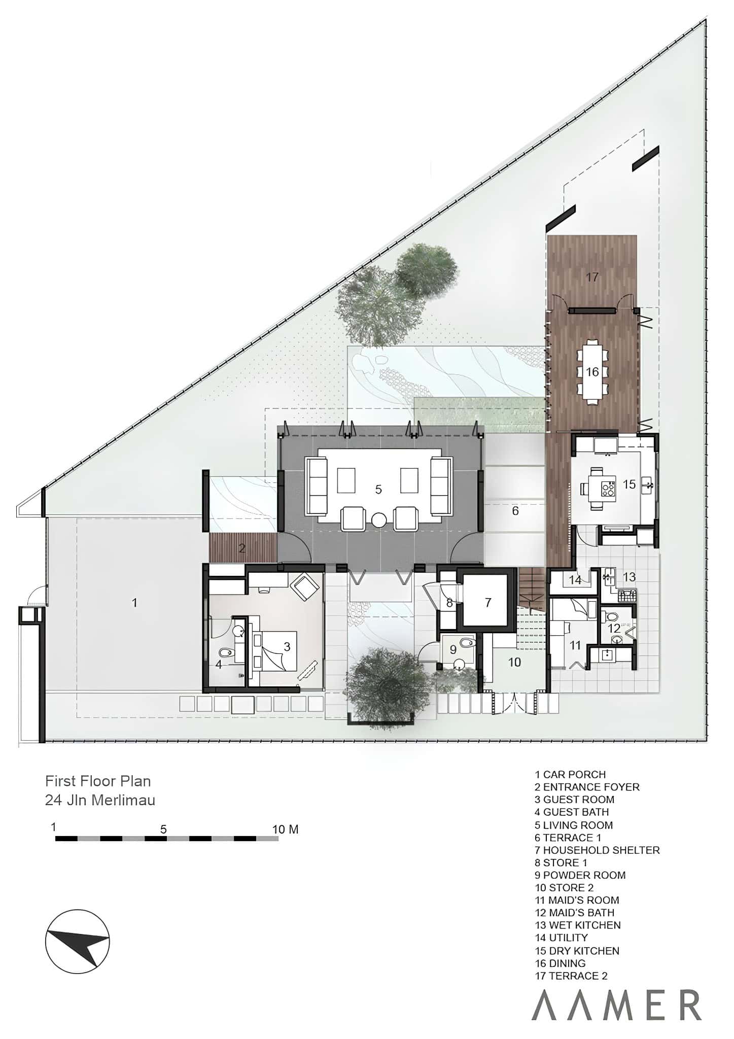Jalan Merlimau First Floor Plan Colored Colored first floor plan layout showing main rooms and outdoor connections of Jalan Merlimau.