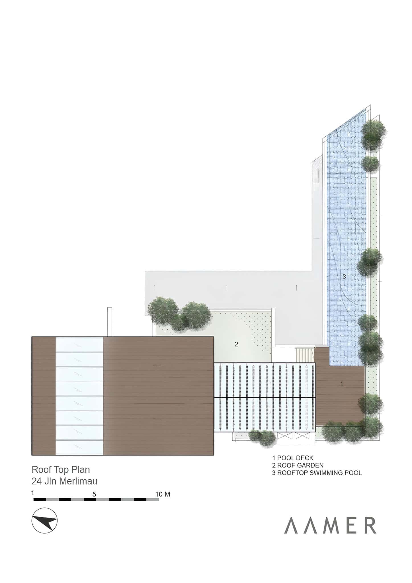 Jalan Merlimau Rooftop Plan Colored Top view rooftop plan with pool deck and garden at Jalan Merlimau.