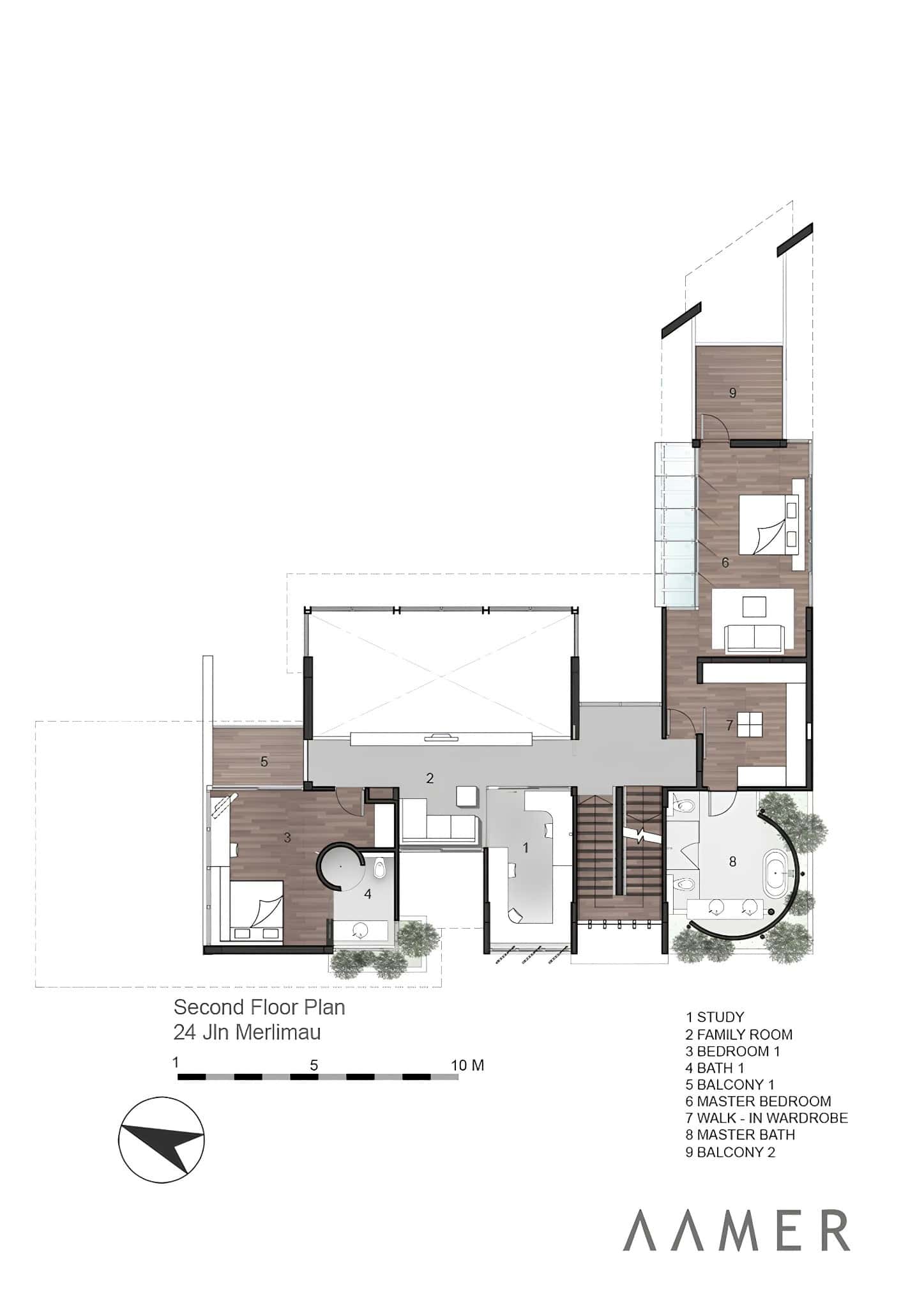 Jalan Merlimau Second Floor Plan Colored Second floor layout with bedrooms and master suite at Jalan Merlimau.