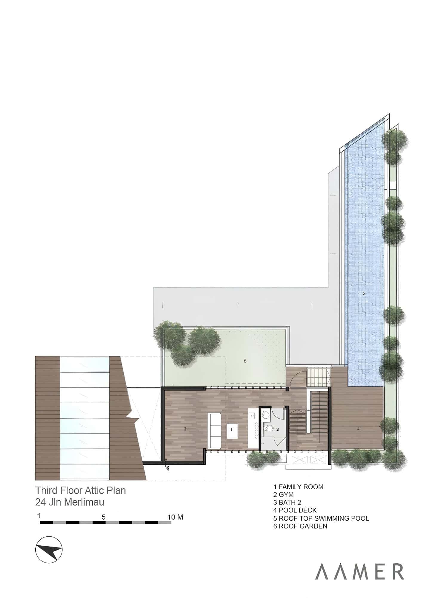 Jalan Merlimau Third Floor Attic Plan Attic floor plan of Jalan Merlimau with family room, gym, and rooftop pool.