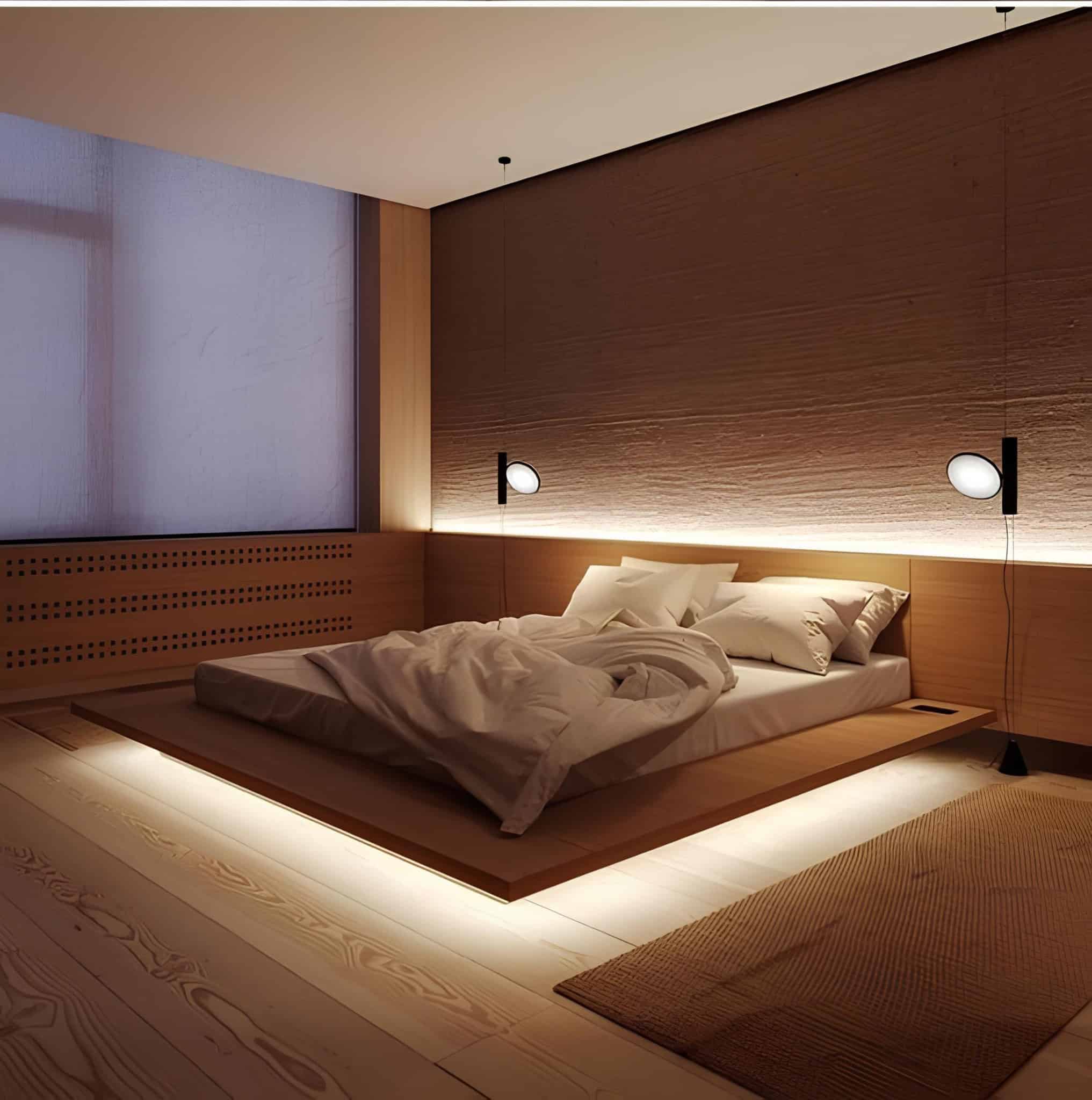 Minimalist Japanese Bedroom with Floating Platform Bed Serene minimalist bedroom with a wooden platform bed and ambient LED lighting.