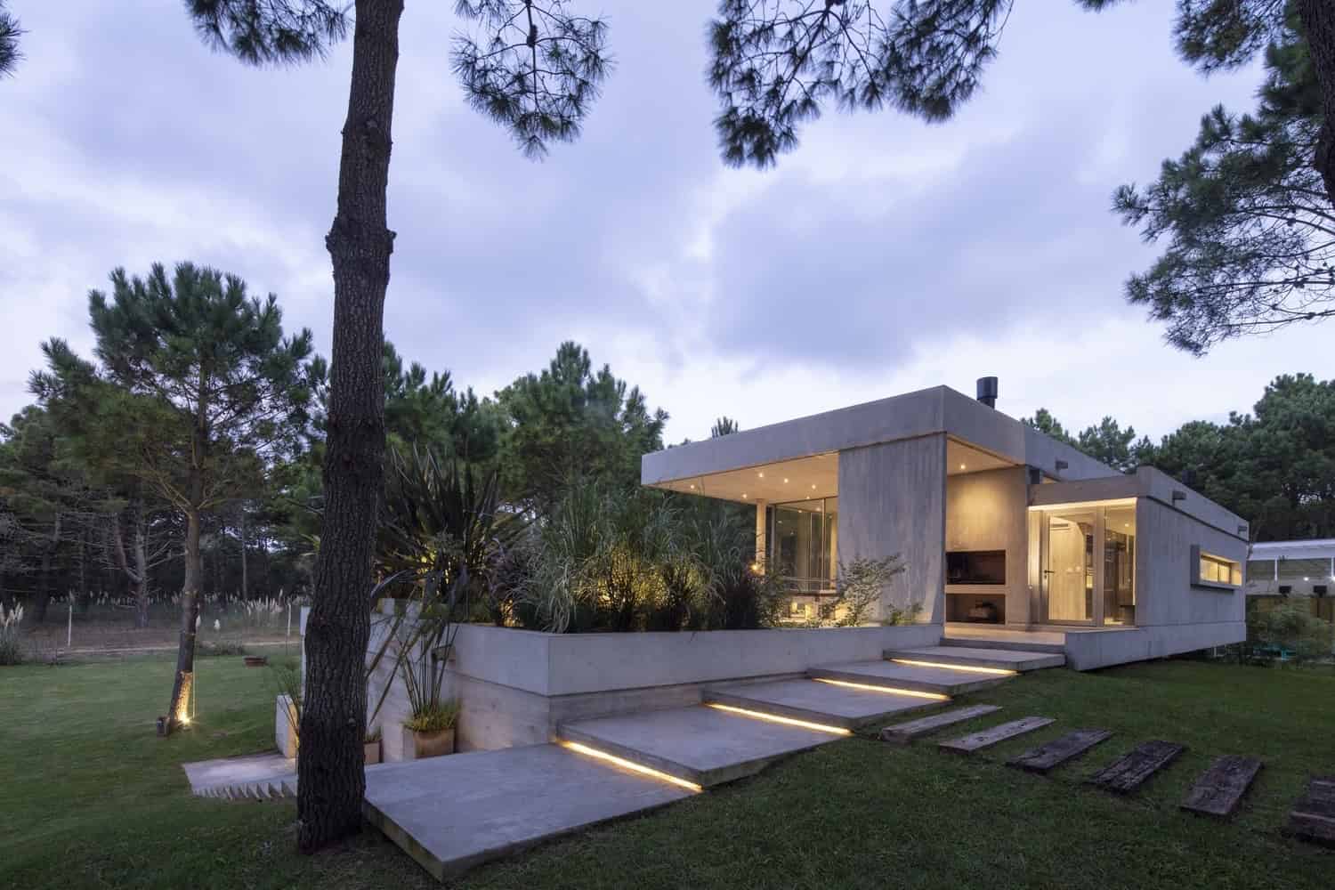 Contemporary modern house with minimalist concrete design, outdoor landscaping and LED lighting, set in a lush green forest environment for luxury architecture and innovative residential architecture.