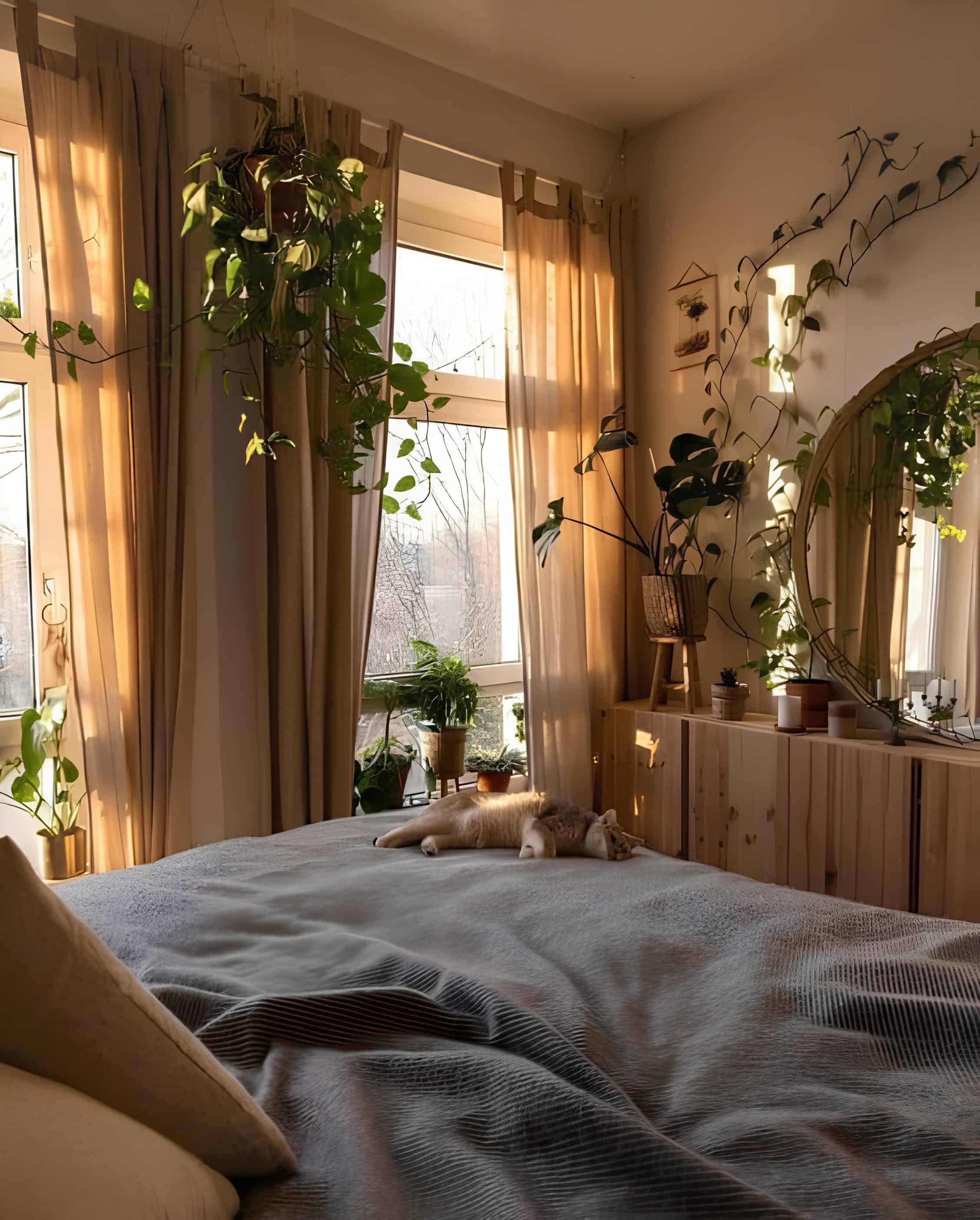 Boho Bedroom with Houseplants and Soft Light Sun-drenched bedroom featuring a cat on the bed, surrounded by natural wood furniture and lush green plants.