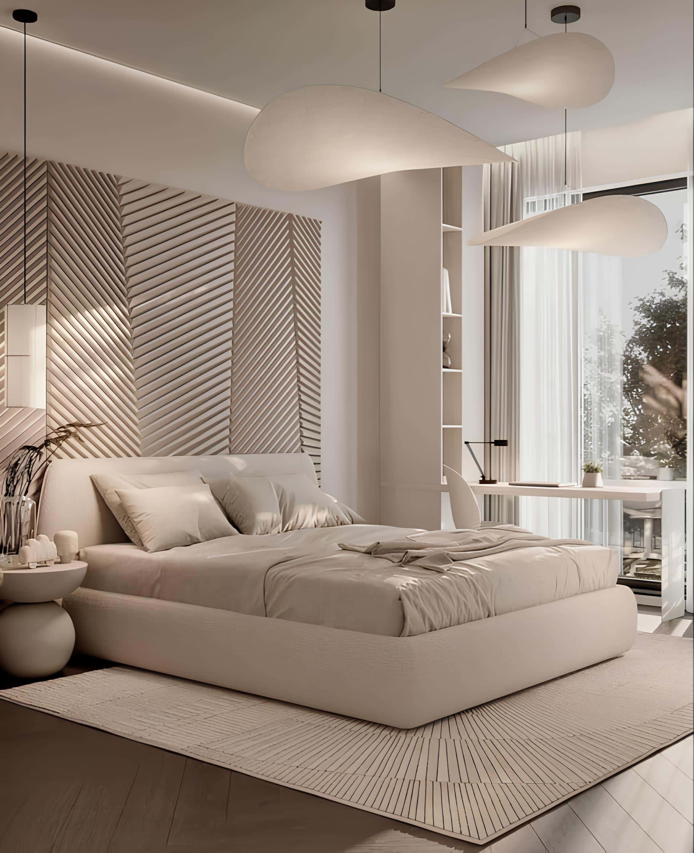 Contemporary Neutral Bedroom with Textured Wall Modern bedroom design with soft neutral tones, statement pendant lights, and textured wall paneling.