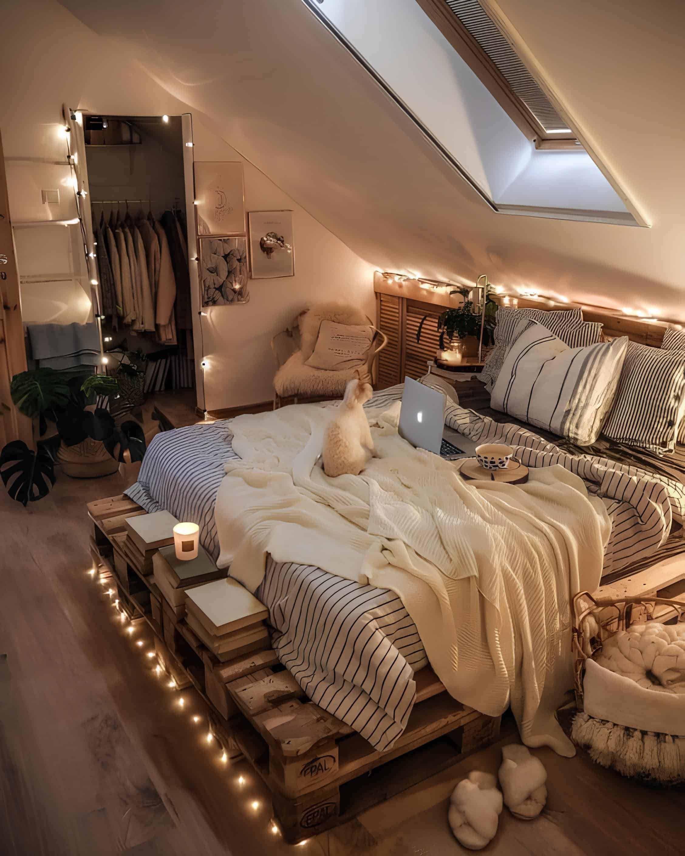 Cozy Loft Bedroom with Pallet Bed and Fairy Lights Charming attic bedroom with a pallet bed base, striped bedding, fairy lights, and skylight.