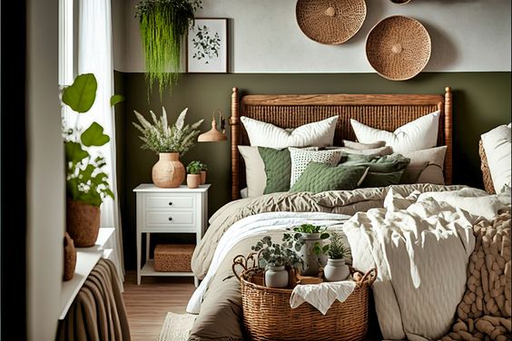 Ideas for a peaceful green and wood bedroom design