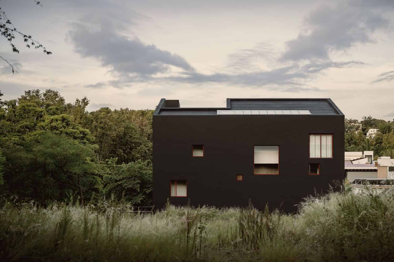 Contemporary modern black house surrounded by greenery, featuring geometric windows, minimalist architecture, and eco-friendly design elements. Perfect example of innovative residential architecture.