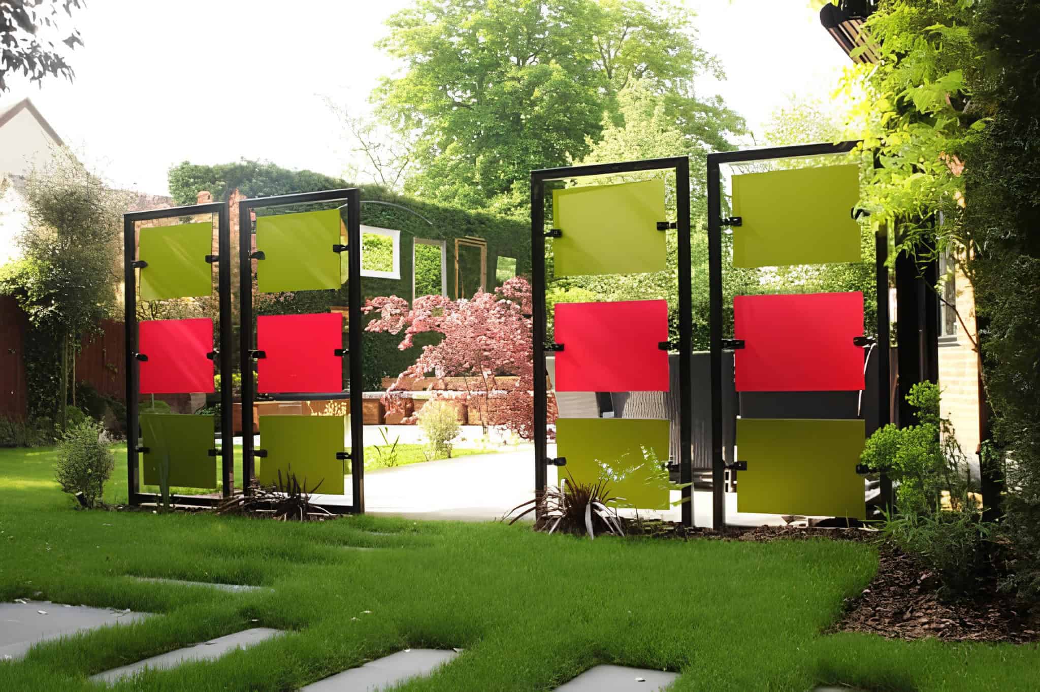 Brightly colored metal panels arranged as a modern privacy divider