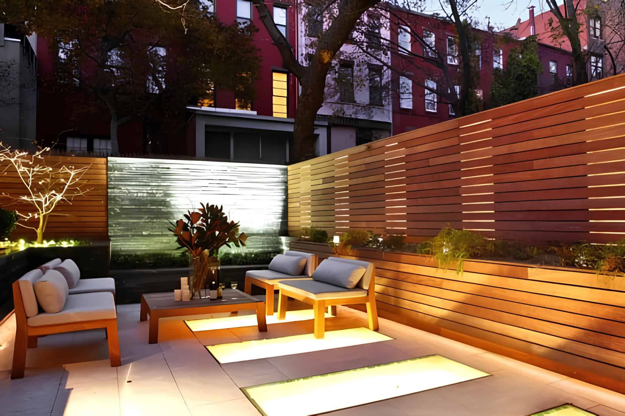 Modern deck at night with warm lighting and horizontal wood privacy panels