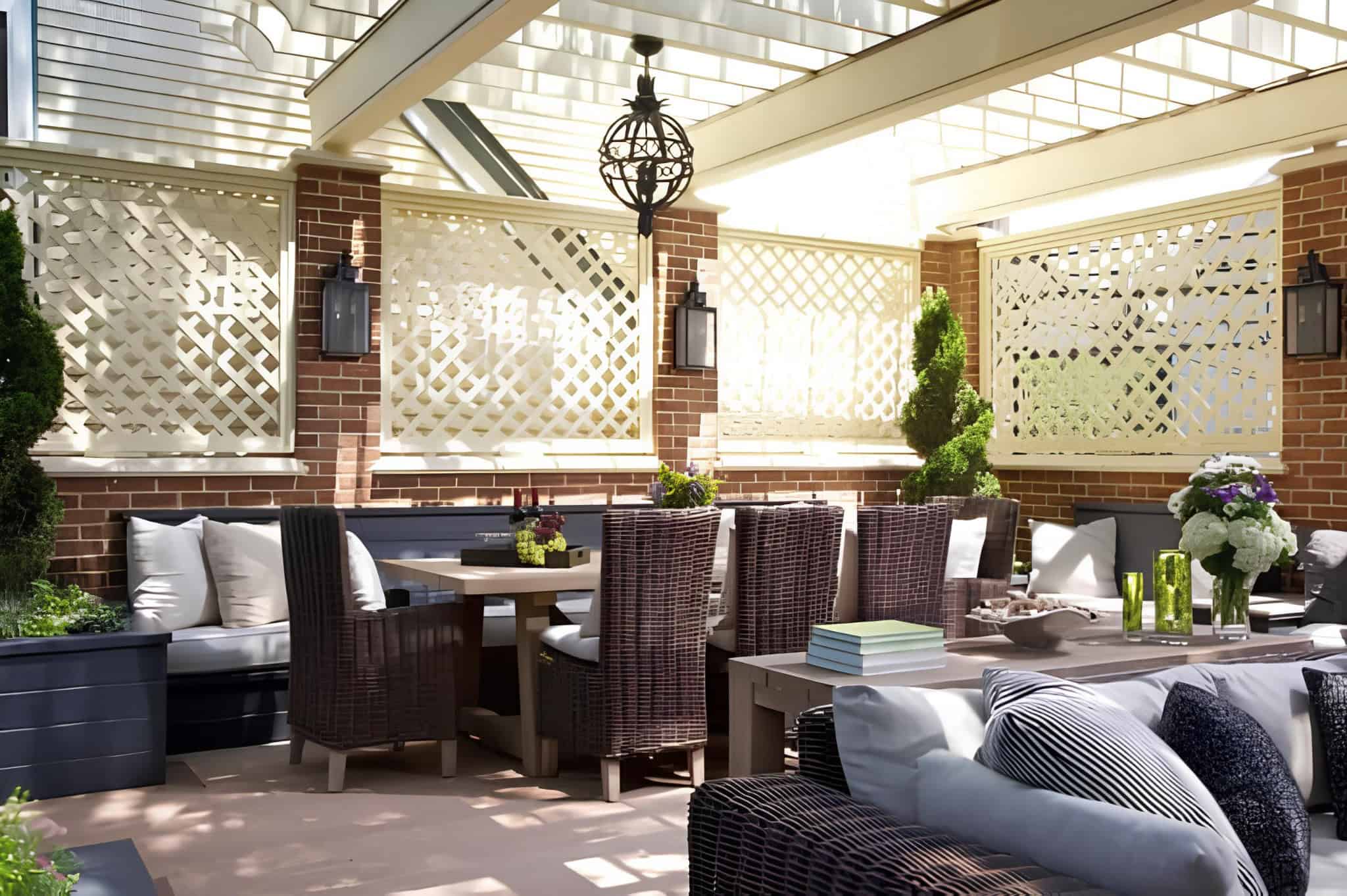 Covered outdoor dining area with white lattice privacy panels against a brick wall