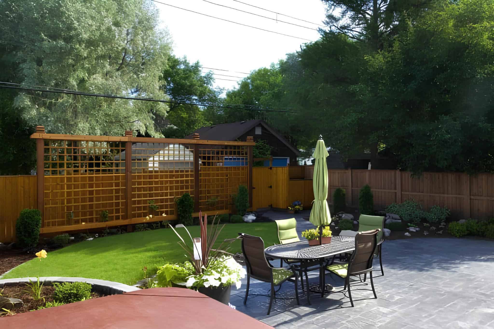Backyard space with grid-style wooden privacy fence and patio furniture