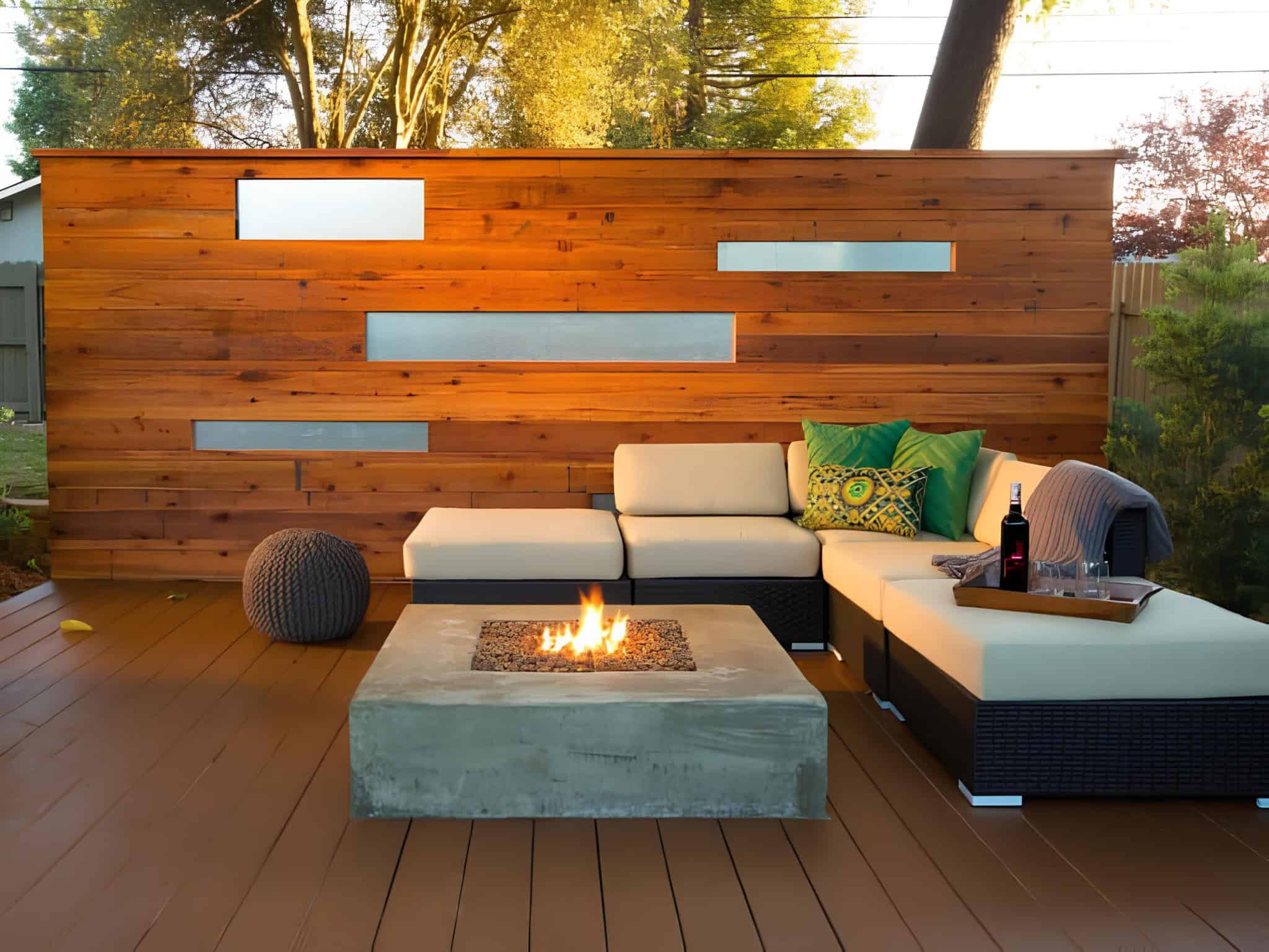 Wood slat privacy wall with inset glass panels behind outdoor seating and fire pit