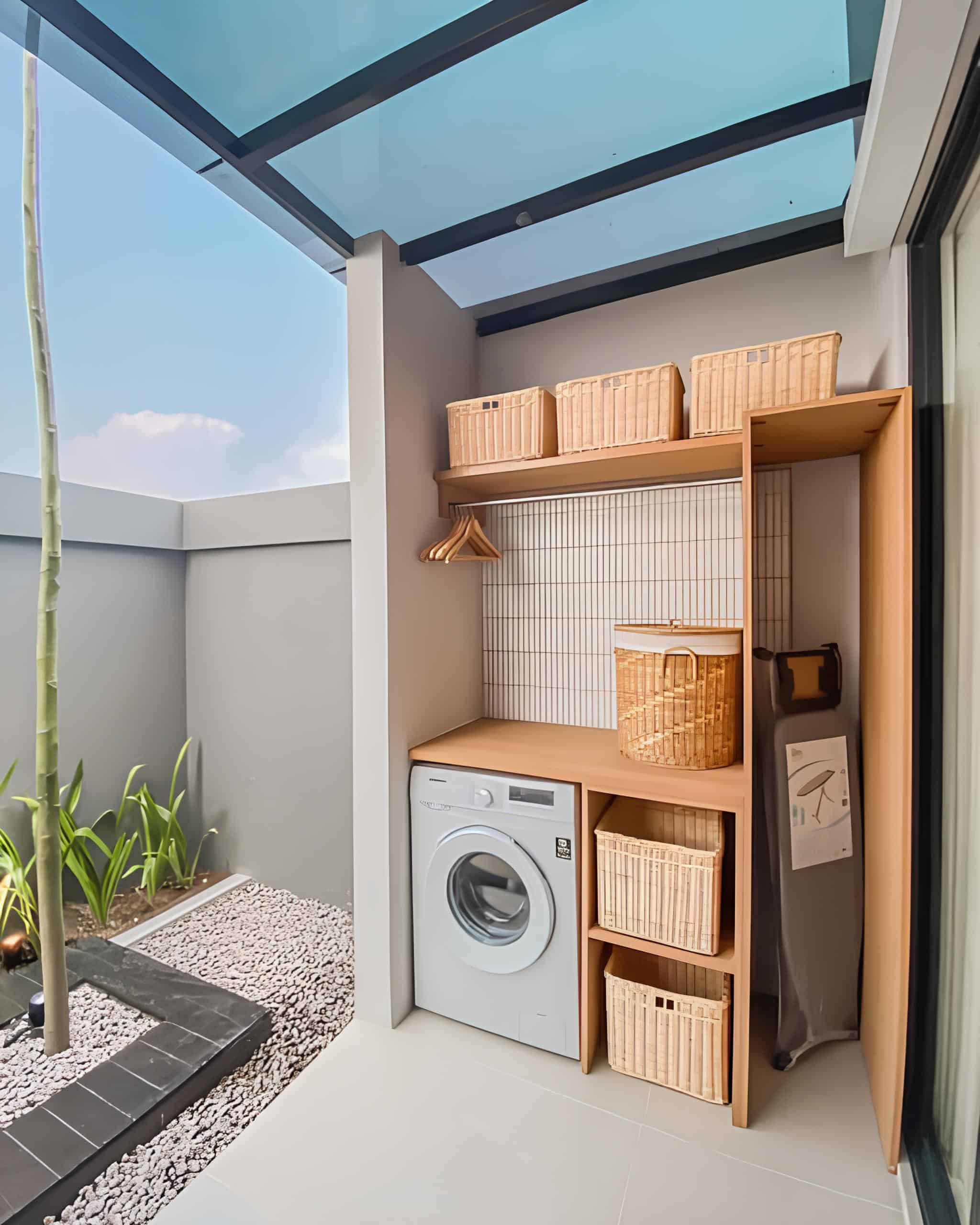 Outdoor Laundry Room Planning and Decorating Inspiration Outdoor laundry room with organized shelving, washing machine, and functional storage in a covered exterior space.