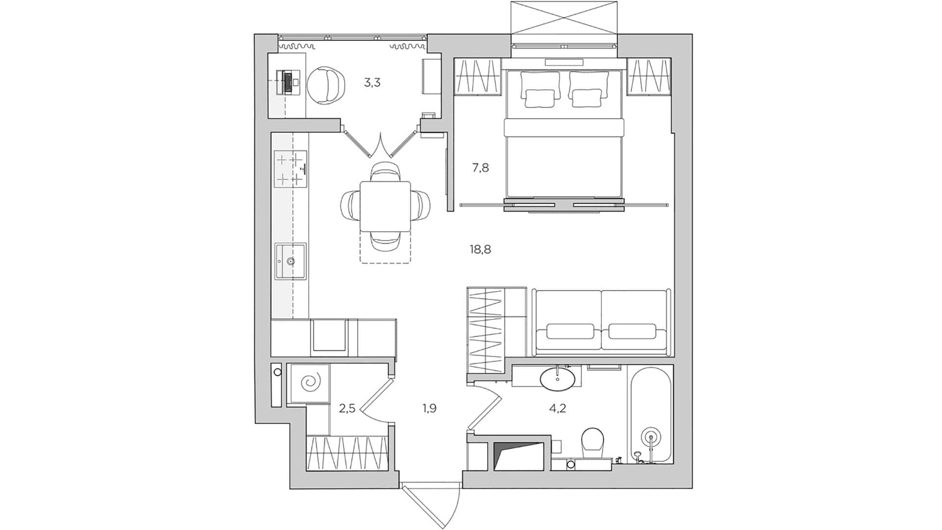 409 sf Apartment / Alexander Tischler / Russia 409 sf apartment — floor plan after renovation