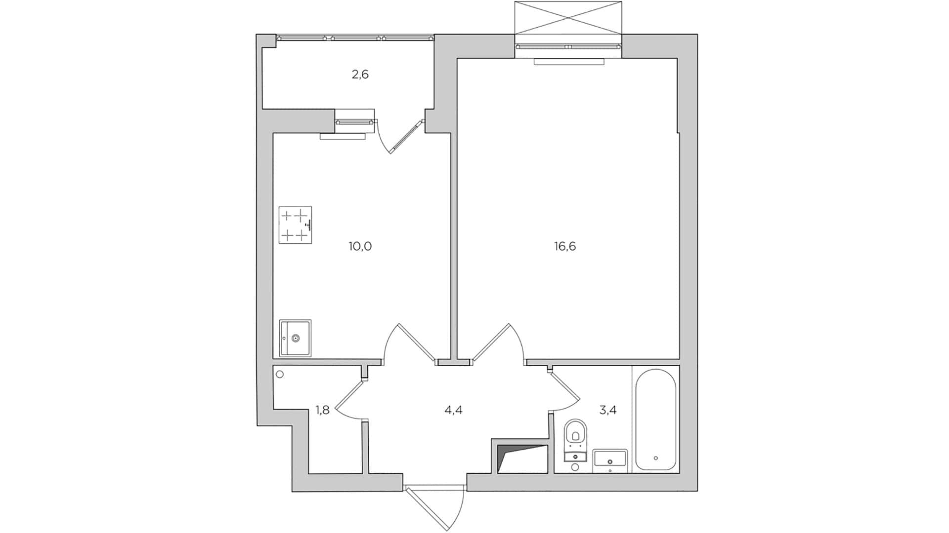 409 sf Apartment / Alexander Tischler / Russia 409 sf apartment — floor plan before renovation