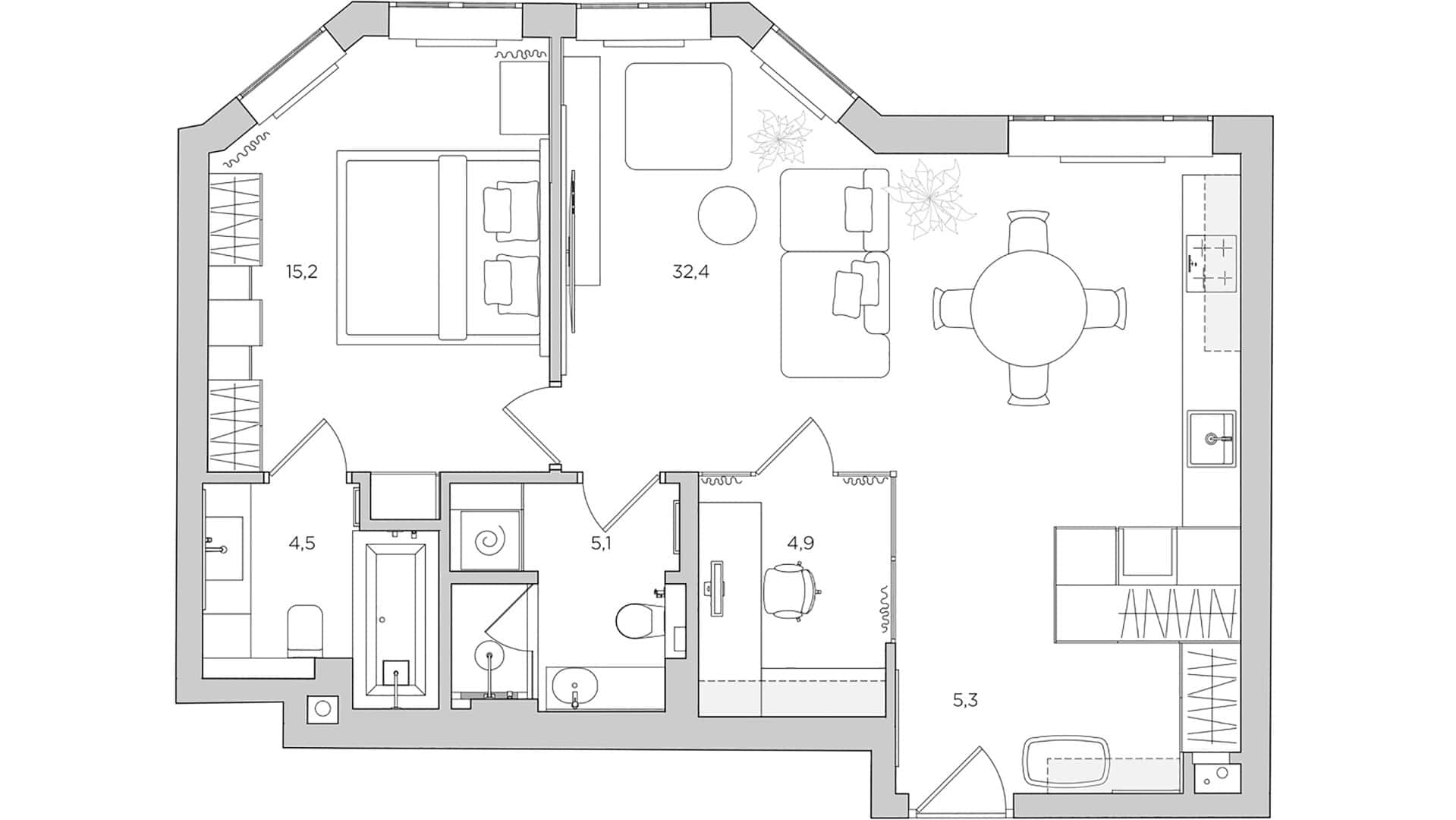Apartment with a Glass Home Office / Alexander Tischler / Russia Floor plan after reconfiguration
