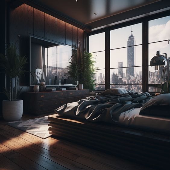 Experience the Charm of a Modern Rustic Bedroom with Stunning NYC Views
