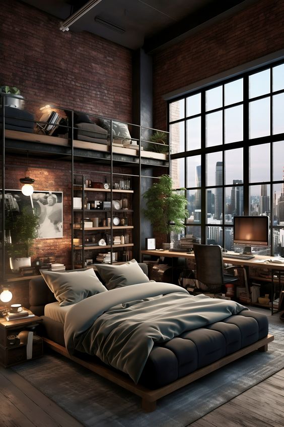 Experience the Charm of a Modern Rustic Bedroom with Stunning NYC Views