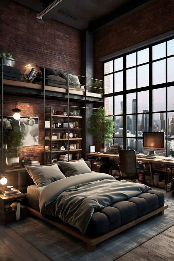 Experience the Charm of a Modern Rustic Bedroom with Stunning NYC Views