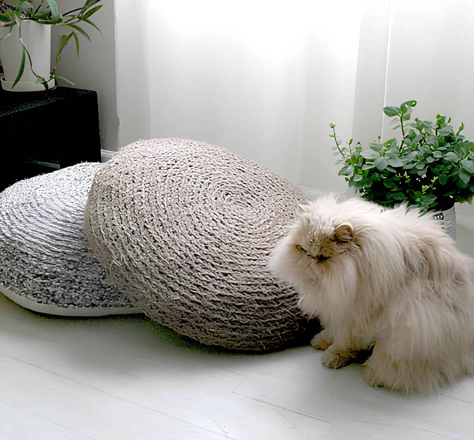 Cozy Knitted Round Cat Floor Cushions Round knitted floor cushions in beige and gray with a fluffy cat beside