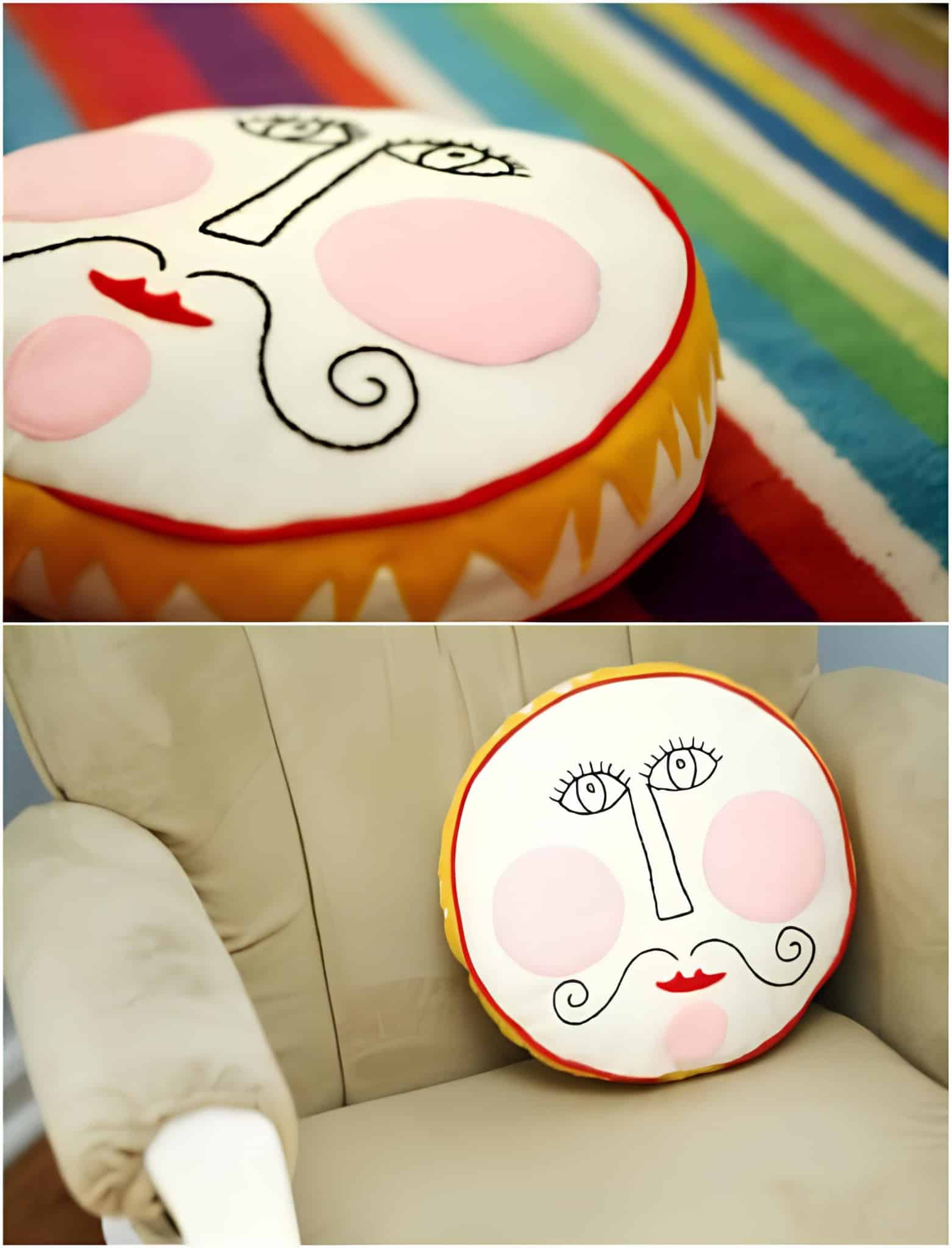 Fun Face Embroidered Round Cushion Round cushion with embroidered face and cheeks resting on an armchair