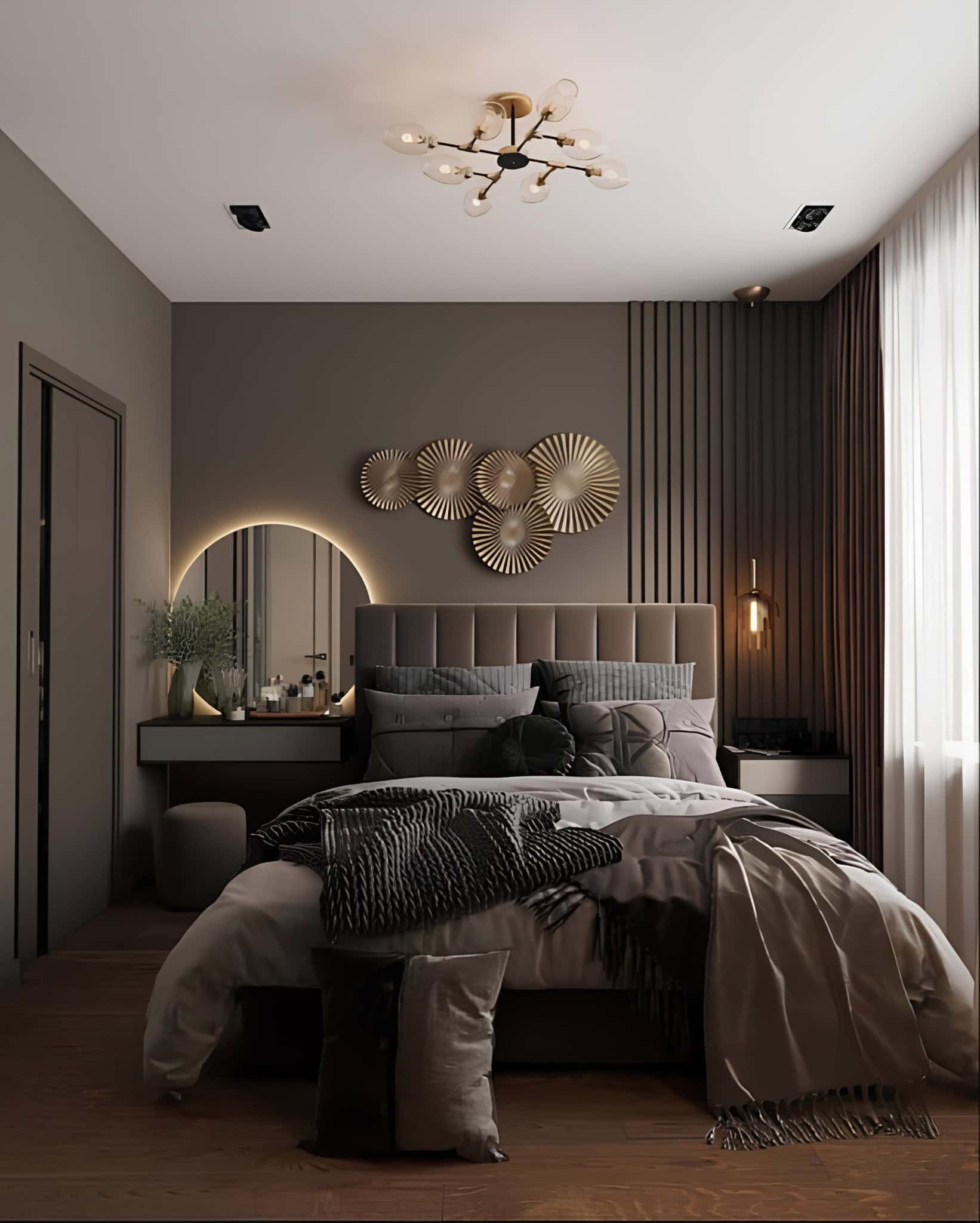 Luxury Bedroom with Cozy Grey Textiles Contemporary bedroom with layered grey bedding, warm lighting, and decorative wall art.