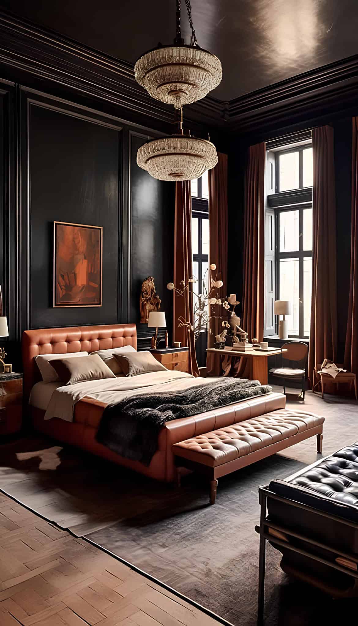 Luxury Bedroom in Dark Classic Style Elegant dark-toned bedroom with high ceilings, tufted bed, and vintage lighting.