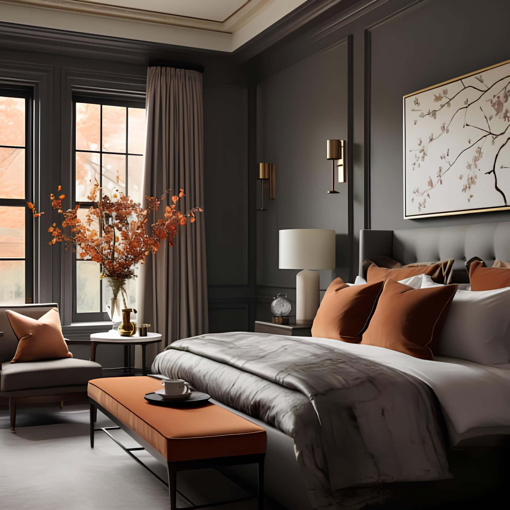 Luxury Bedroom with Dark Wall and Orange Decor Stylish bedroom with charcoal walls, burnt orange accents, and floral artwork.