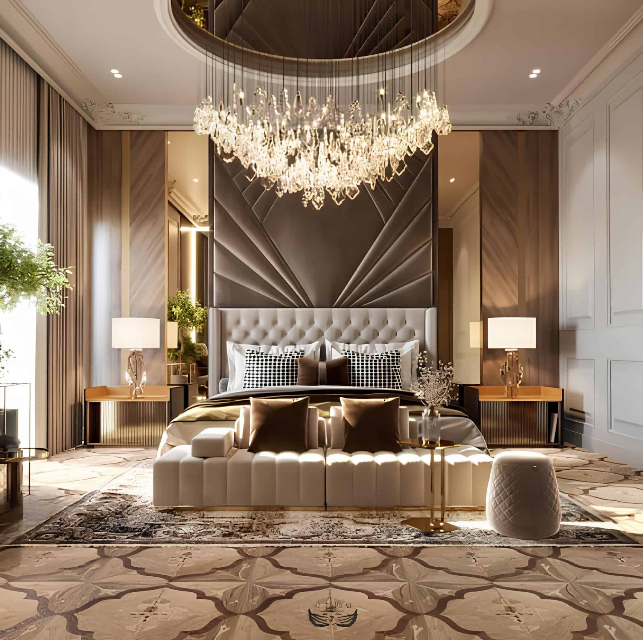 Luxury Bedroom with Grand Chandelier Design Opulent bedroom with tufted headboard, grand crystal chandelier, and modern classic details.