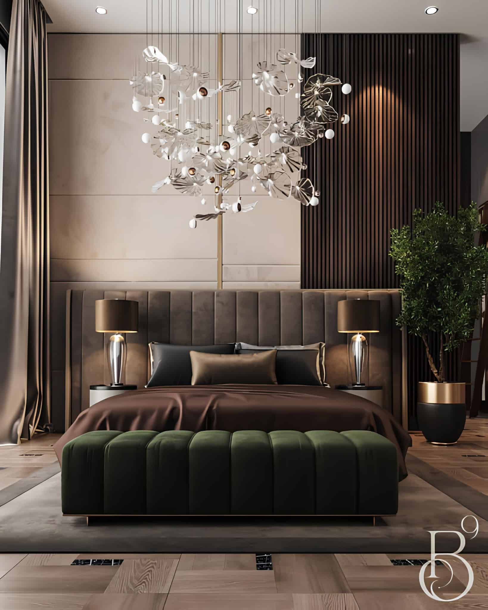Luxury Bedroom with Modern Chandelier Sophisticated bedroom featuring a sculptural chandelier, taupe walls, and velvet accents.