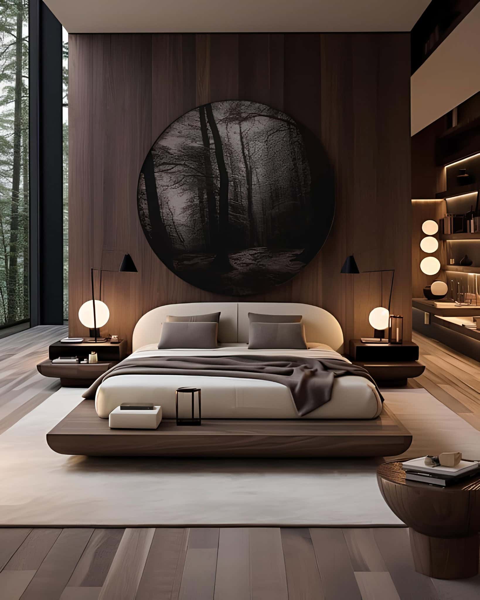 Luxury Bedroom with Warm Wooden Paneling Minimalist wooden bedroom with a round forest-themed wall mural and ambient lighting.