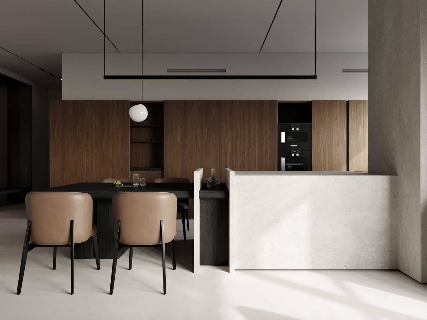 A modern kitchen with a dining table and chairs