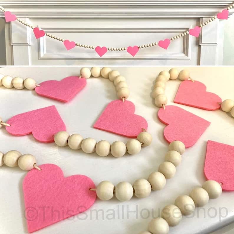 11. Pink Felt Hearts and Wood Beads Garland 11. Pink Felt Hearts and Wood Beads Garland