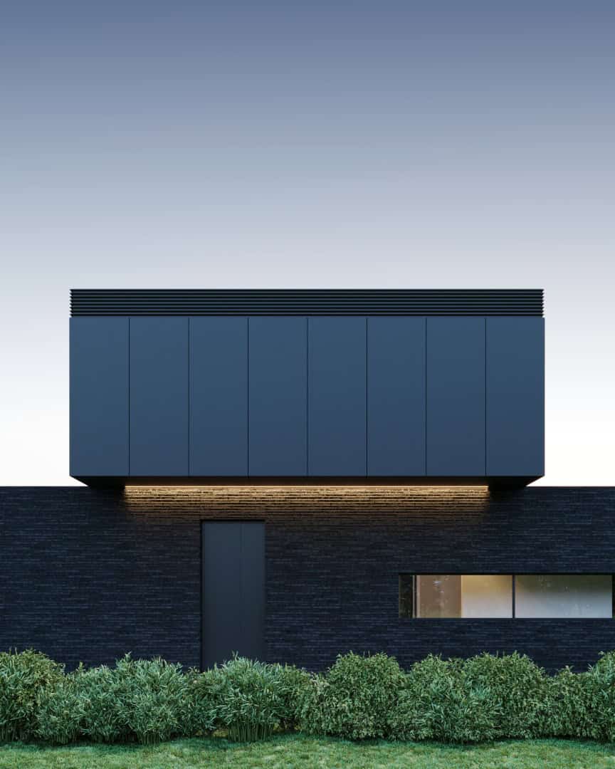 Sleek modern minimalist building with navy blue cladding and horizontal louvers, surrounded by lush green landscaping, showcasing contemporary architectural design.