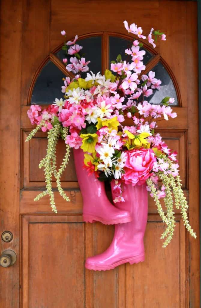 12. DIY Spring Pink Rain Boot Door Swag
