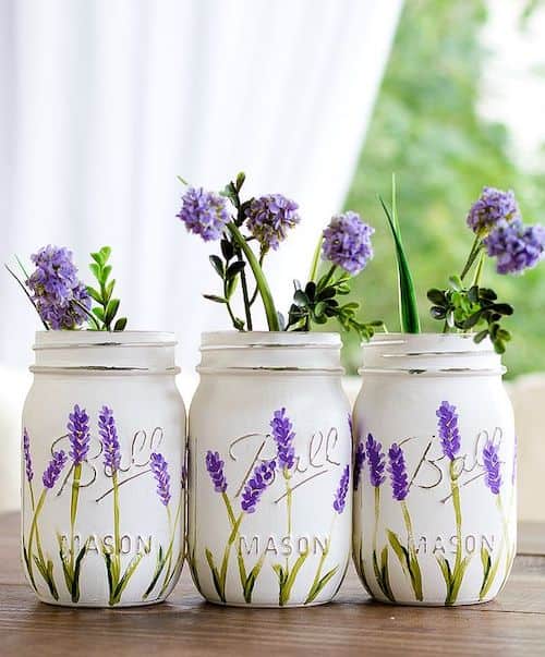 14. DIY Lavender Flower Painted Mason Jars