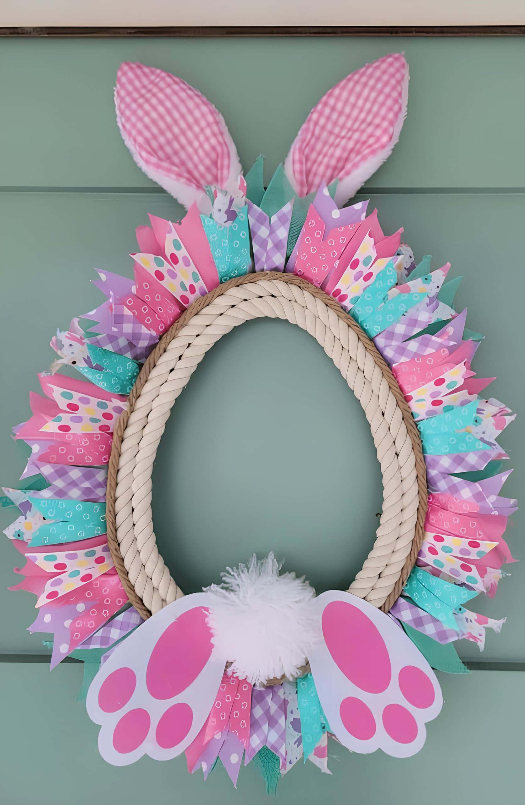 13. Cute Dollar Tree DIY Easter Wreath DIY Easter bunny wreath made with a rope-wrapped oval frame, pastel ribbon fringe, pink gingham bunny ears, white pom-pom tail, and pink bunny feet – playful and colorful spring door decor.
