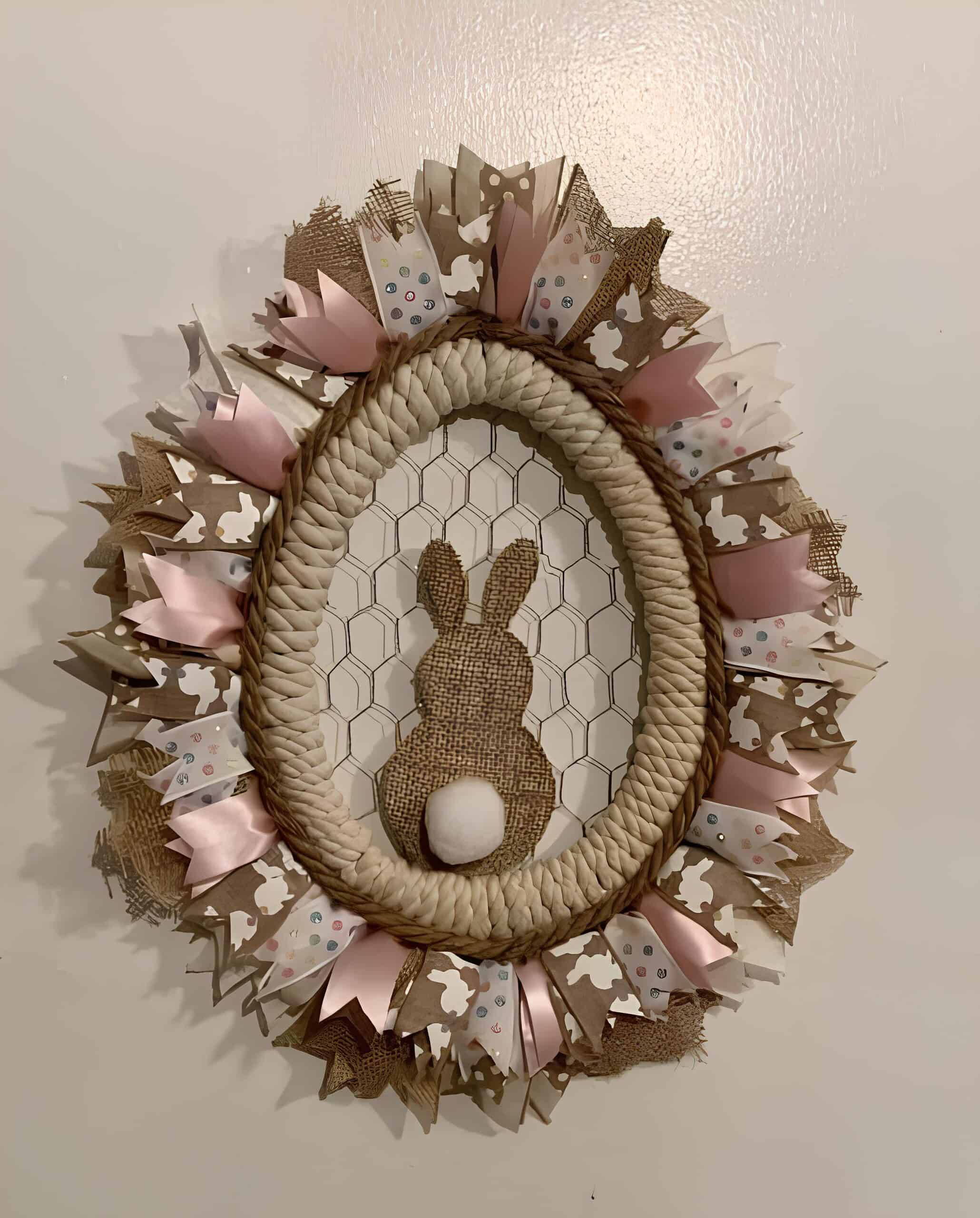 11. Dollar Tree DIY Easter Wreath with Bunny DIY Easter wreath with a burlap bunny silhouette, chicken wire backing, rope-wrapped egg shape, and layered ribbon fringe in pink, burlap, and printed patterns – farmhouse-style Dollar Tree Easter decor.