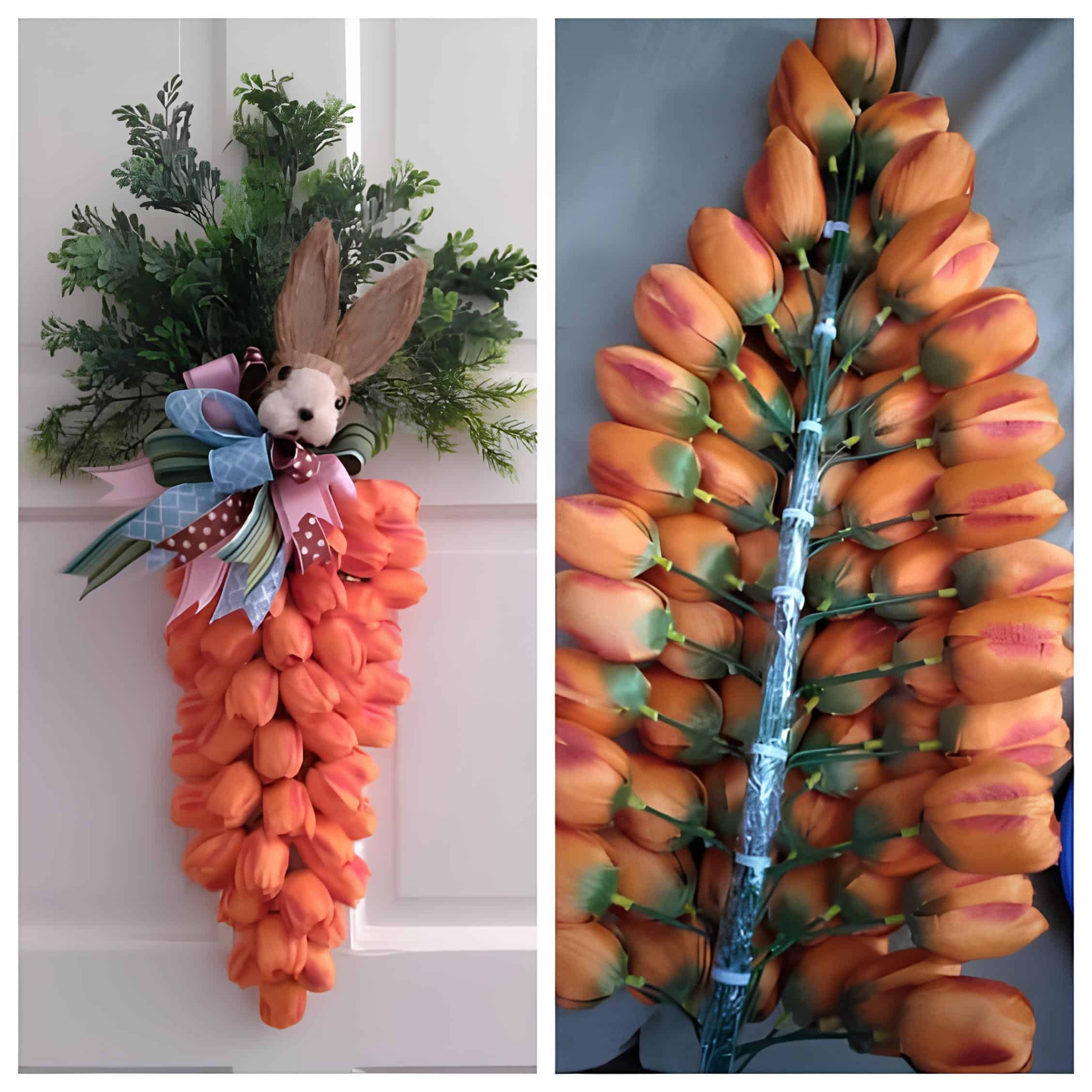 5. Creative Easter Wreath for Spring Decor DIY Dollar Tree carrot wreath made with orange tulip stems, greenery, and a cute bunny head bow topper – Easter door decoration idea using artificial flowers and ribbon.