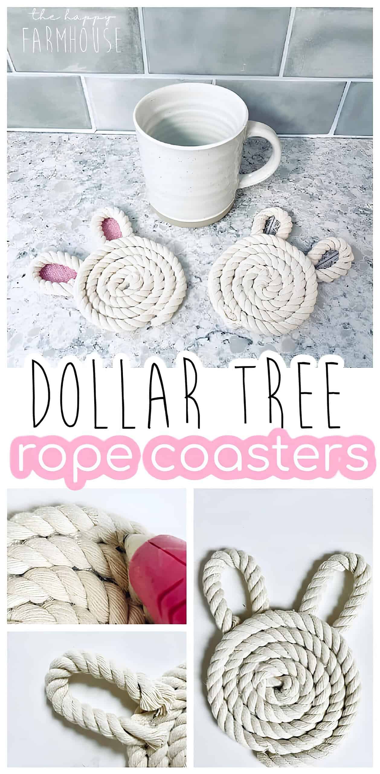 8. Dollar Tree Bunny Coasters DIY Dollar Tree rope coasters shaped like bunny faces, made with twisted cotton rope and hot glue, featuring optional pink or printed ear inserts – easy farmhouse-style Easter craft.