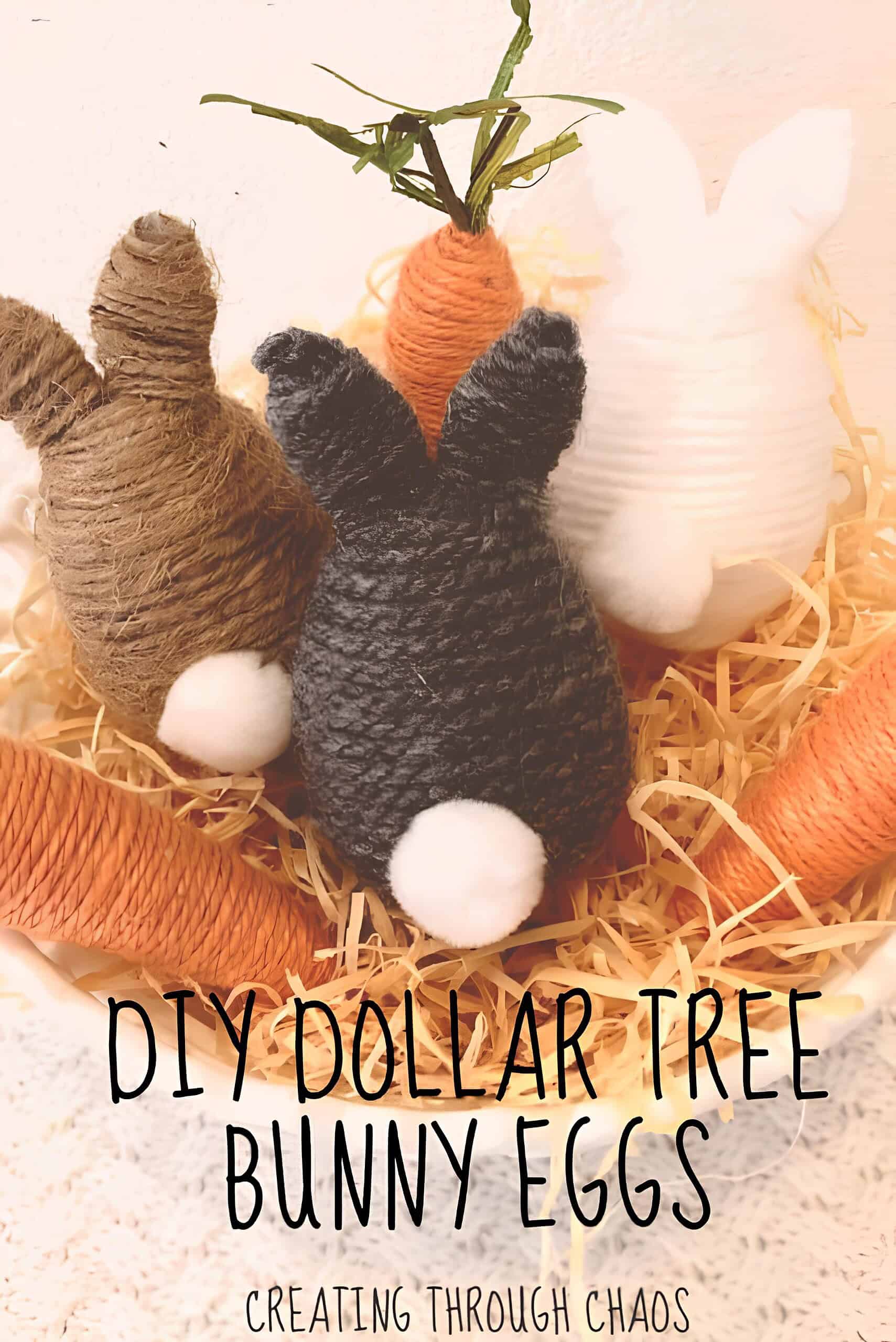 1. Dollar Tree Bunny Egg DIY Dollar Tree bunny eggs made with yarn and plastic eggs, featuring brown, black, and white bunny shapes with pom-pom tails, displayed in Easter basket straw with twine-wrapped carrots – budget-friendly spring and Easter craft idea.