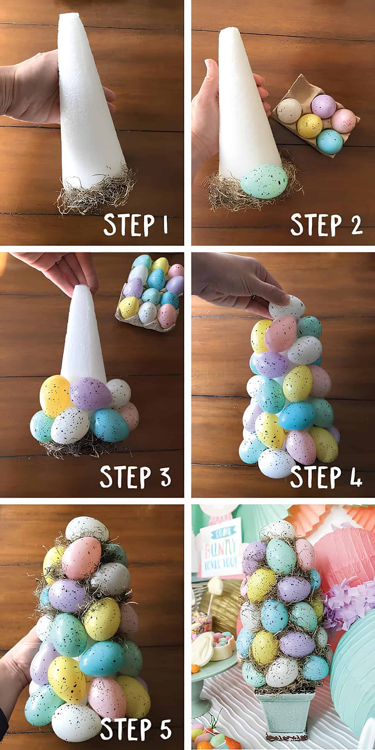 4. DIY Easter Egg Topiary Craft Step-by-step DIY Easter egg topiary made with a foam cone, pastel speckled plastic eggs, and Spanish moss – Dollar Tree spring craft centerpiece idea for Easter decor.