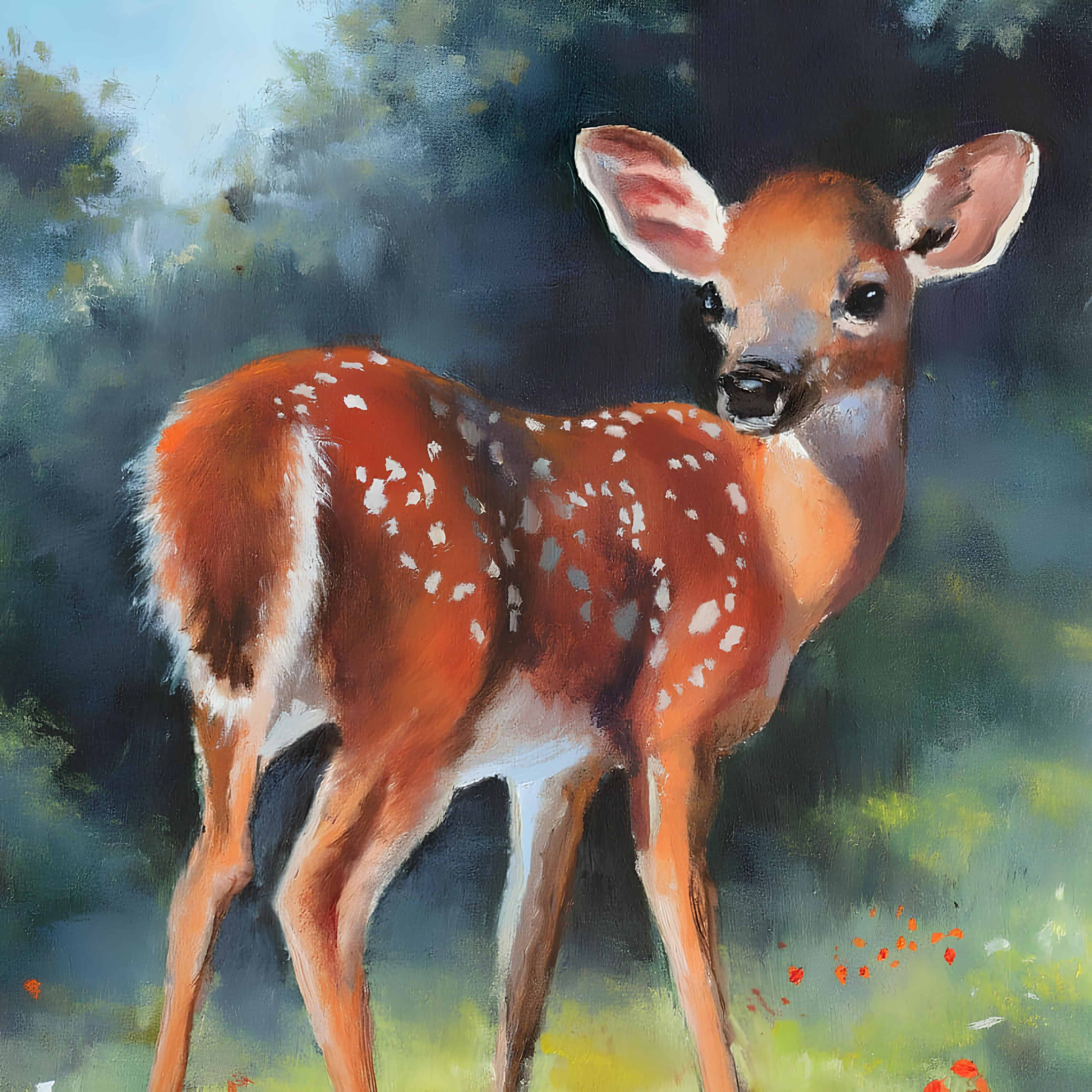Baby Deer in Sunny Forest Oil painting of a young deer standing in sun-dappled woodland