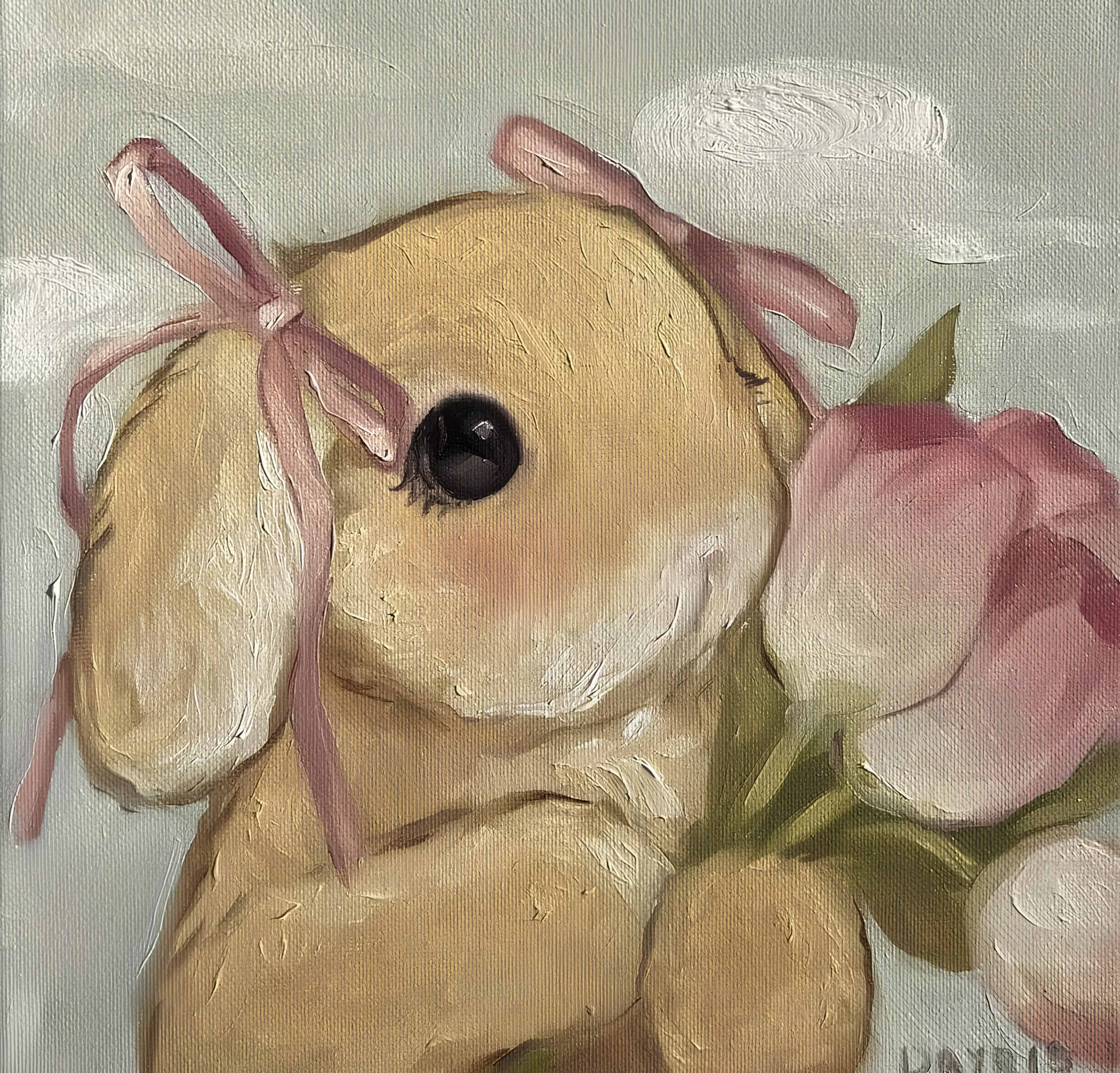 Bunny Holding Peonies with Pink Bows Cute bunny with big eyes, holding pink peonies and wearing pink ribbons