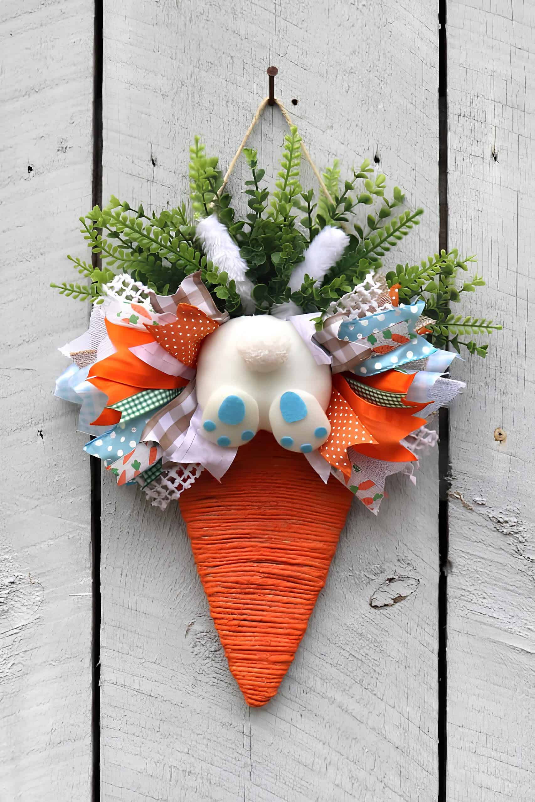 9. Bunny in the Carrot Patch DIY carrot-shaped Easter wreath with faux greenery, colorful ribbons, and a plush bunny butt and feet poking out – whimsical Dollar Tree Easter door hanger craft.